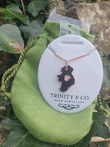 Trinity & Co. Rose Gold Ireland Map with Shamrock Necklace