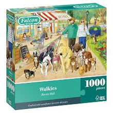 Load image into Gallery viewer, Jigsaw puzzle box with 'Walkies' theme featuring people and dogs, brand 'Falcon' visible.