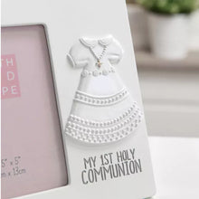 Load image into Gallery viewer, White ceramic plaque with a dress design and 'My 1st Holy Communion' text, placed on a surface.