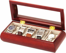 Load image into Gallery viewer, Mele & Co Luxury Cherry Wood Finish Glass Top 5 Watch Storage Box