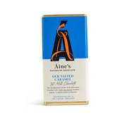 Aine's handmade chocolate bar packaging with blue and orange design on a white background