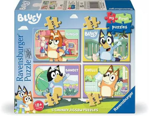 Ravensburger Bluey puzzle set packaging with four puzzles featuring cartoon characters.