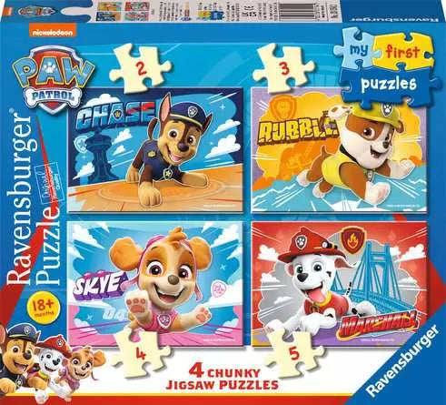 Ravensburger Paw Patrol puzzle set with four puzzles featuring Chase, Rubble, Skye, and Marshall.