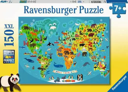 Ravensburger puzzle packaging with a world map design on a blue background