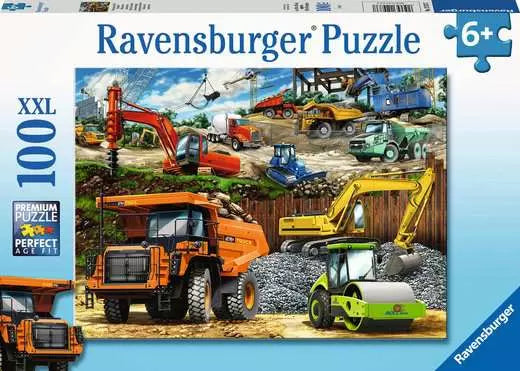 Ravensburger puzzle packaging with construction vehicles on a blue background