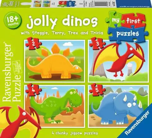 Ravensburger jolly dinos puzzle set packaging with dinosaur illustrations and puzzle pieces.