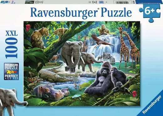 Ravensburger puzzle packaging with a jungle scene featuring animals and a waterfall.