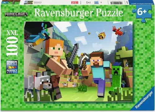 Ravensburger Minecraft puzzle box with characters and animals on a green background