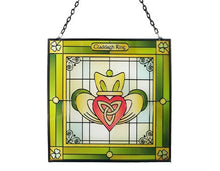 Load image into Gallery viewer, Stained glass panel with Claddagh design on a white background
