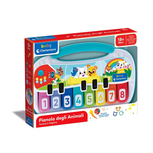 Colorful toy piano with animal illustrations on a white background