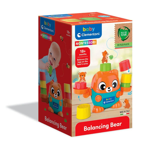 Box of Baby Clementoni Balancing Bear toy with colorful design and baby holding a block.