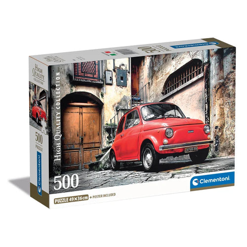 Jigsaw puzzle box with a red car design on a white background