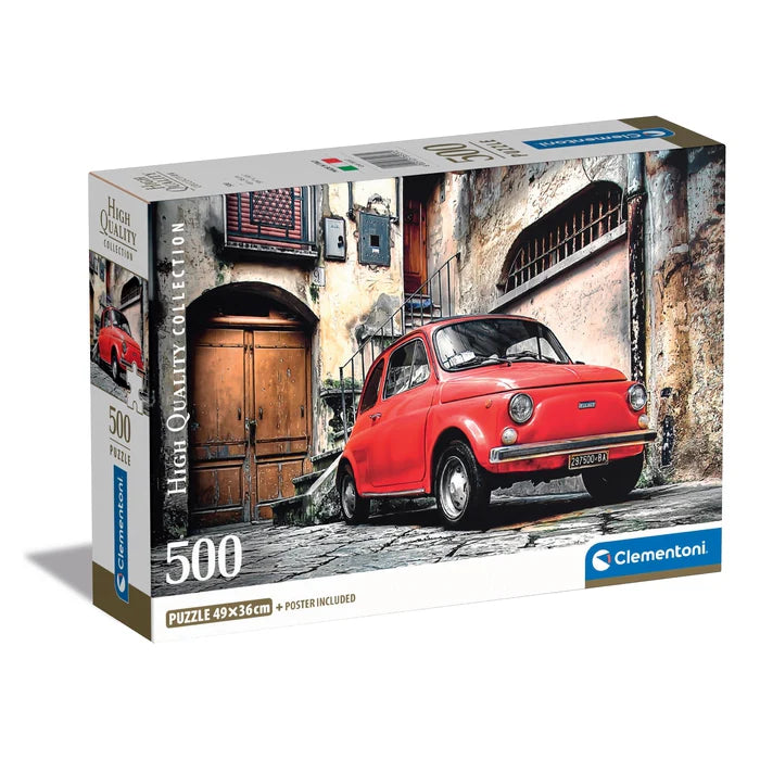 Jigsaw puzzle box with a red car design on a white background