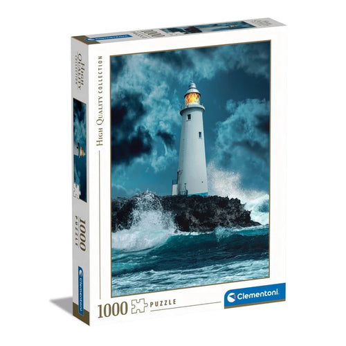 Puzzle box featuring a lighthouse on a rocky island with waves, branded as Clementoni.