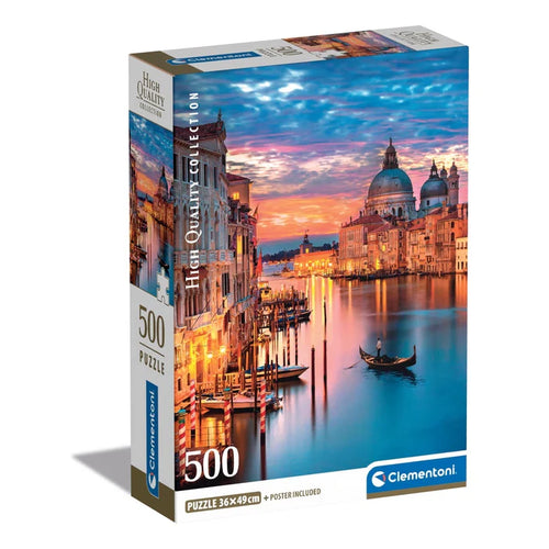 Jigsaw puzzle box featuring a scenic view of a city with a gondola at sunset, brand 'Clementoni' visible.