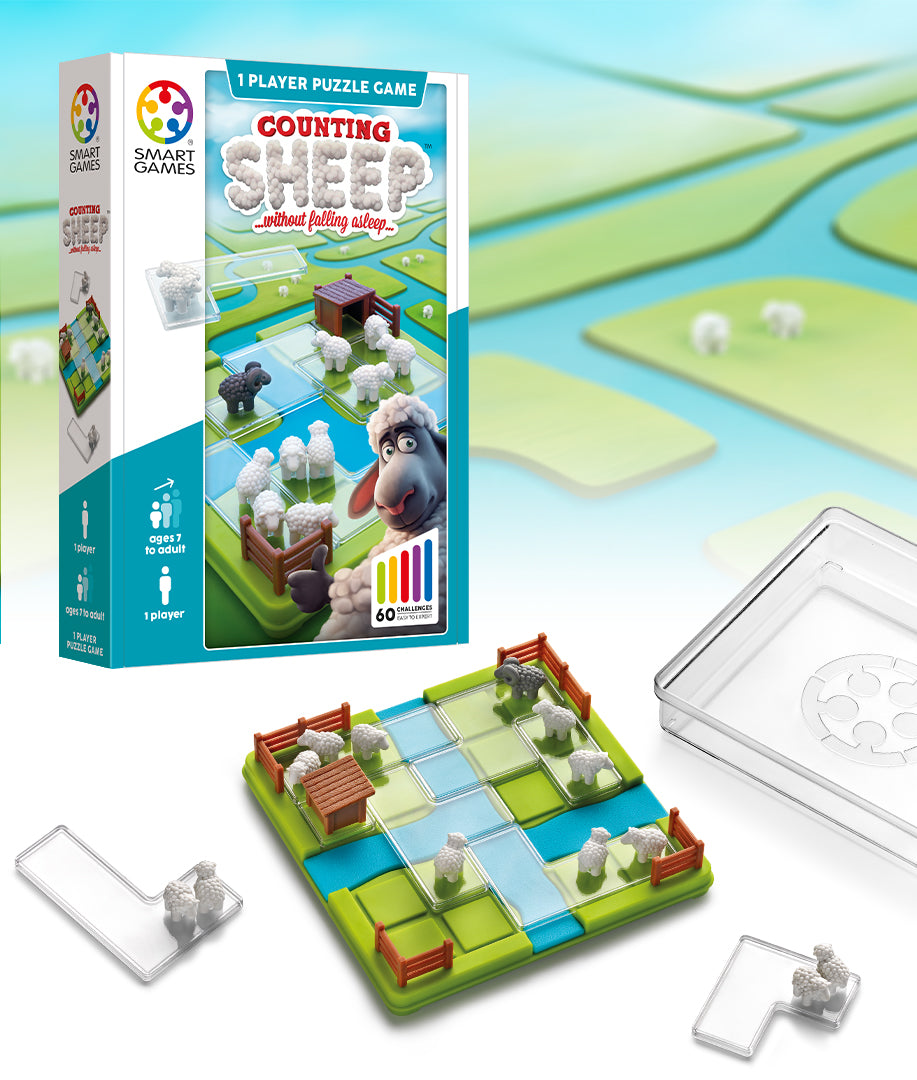 Smart Games 'Counting Sheep' puzzle game packaging with game board and pieces on a scenic background