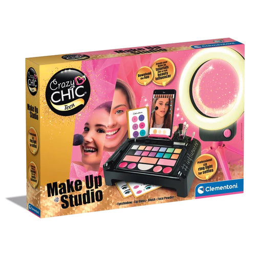 Crazy Chic Make Up Studio toy set packaging with makeup palette and mirror on a white background