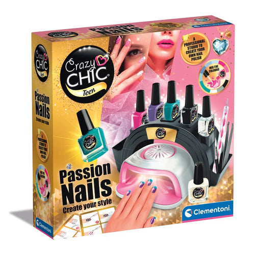 Crazy Chic Teen nail polish set packaging with nail polish bottles and a lamp.