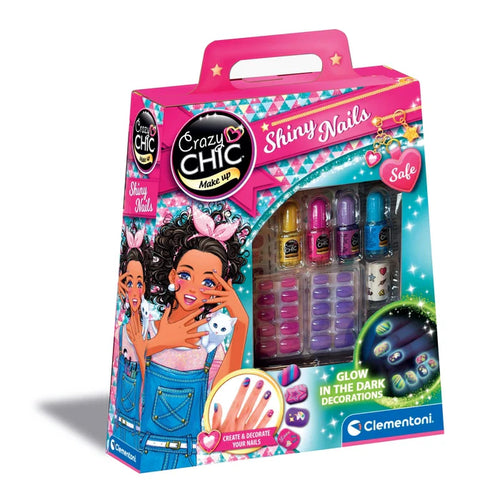 Crazy Chic Shiny Nails makeup set packaging with colorful design and product images.