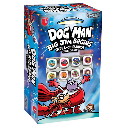 Box of 'Dog Man: Big Jim Begins Roll-O-Rama Dice Game' with colorful design and character illustration.