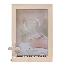 Load image into Gallery viewer, Beige photo frame with 'Faith and Hope' engraving and cross design on a white background
