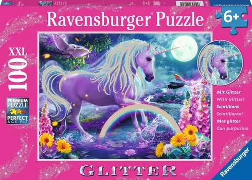 Ravensburger puzzle packaging with a unicorn and rainbow design on a pink background