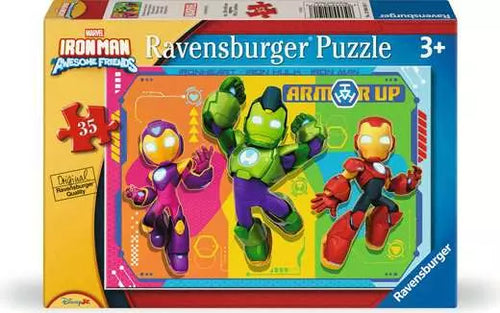 Ravensburger puzzle box featuring Iron Man and Zombobot figures on a white background