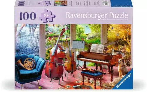 Ravensburger puzzle box with a musical-themed scene featuring a piano, cello, and other instruments.