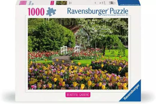 Ravensburger puzzle box with a garden scene and colorful flowers