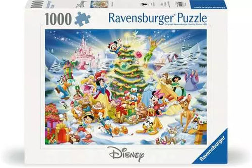 Ravensburger Disney Christmas puzzle box with characters around a Christmas tree.