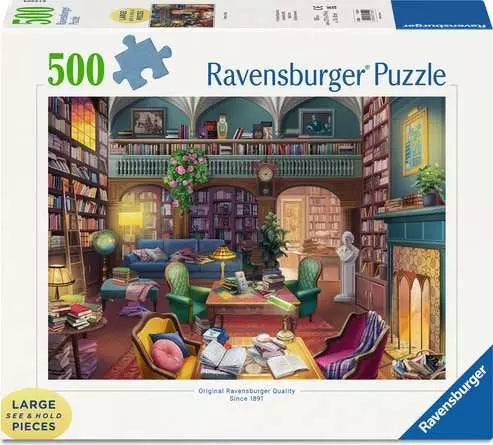 Ravensburger puzzle packaging with a colorful interior scene of a library.