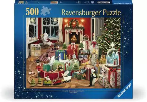 Ravensburger puzzle box with a festive scene of a living room decorated for Christmas.