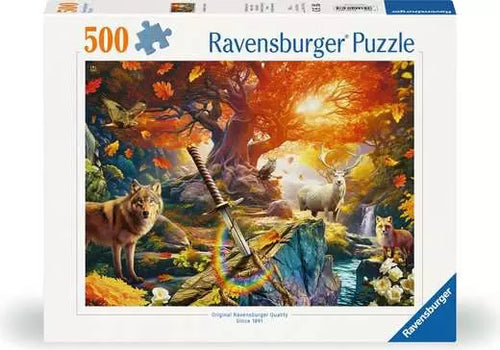 Ravensburger puzzle box with a forest scene featuring animals and a sword.