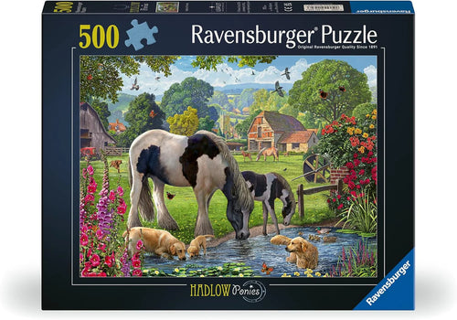 Ravensburger puzzle box featuring horses and dogs by a pond in a pastoral setting.