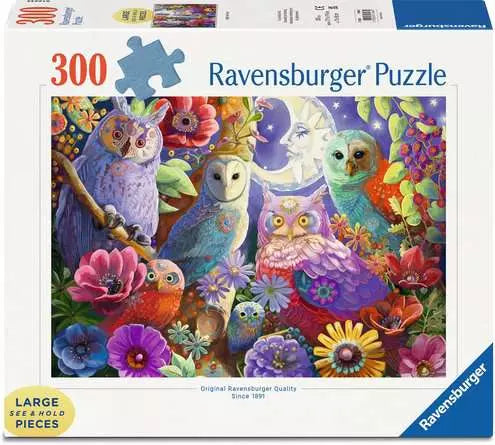 Ravensburger puzzle box with colorful owls and flowers on a white background