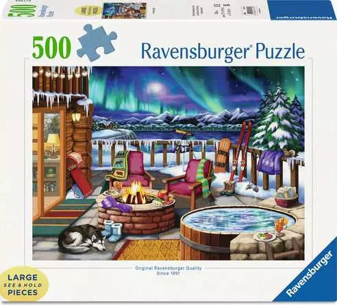 Ravensburger puzzle packaging with a winter scene featuring a fire pit, hot tub, and Northern Lights.