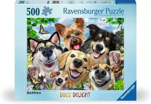Ravensburger puzzle box featuring dogs with a blue border