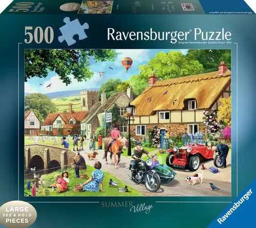 Ravensburger puzzle box featuring a summer village scene with people, animals, and vehicles.
