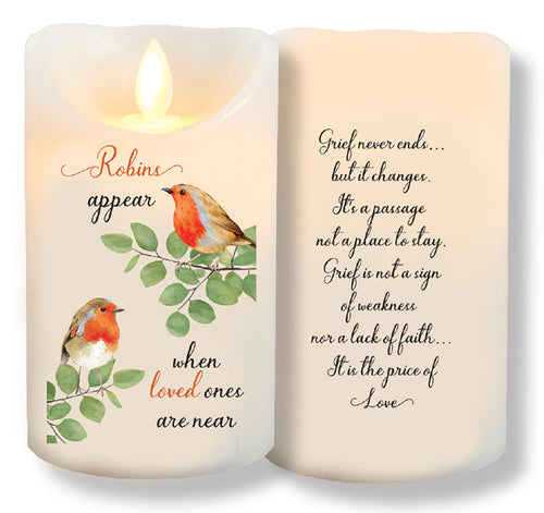 Flickering candle with robin illustrations and text on a white background