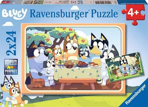 Ravensburger puzzle box featuring cartoon characters around a table with food, on a blue background.