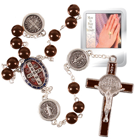 Brown rosary with silver and red accents, including a crucifix, on a white background.