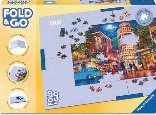Puzzle packaging with 'Fold & Go' design featuring a scenic cityscape and Pisa tower.