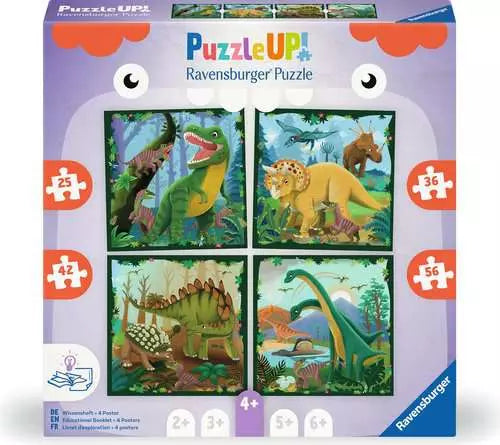 Ravensburger PuzzleUP dinosaur-themed puzzle packaging with illustrations of dinosaurs on a white background.
