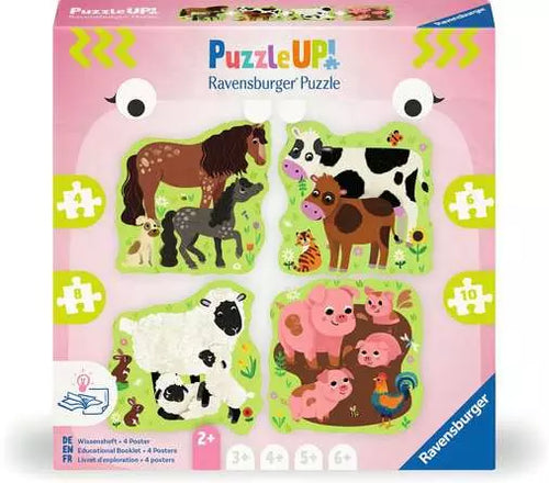 Ravensburger PuzzleUP! animal-themed puzzle set packaging on a pink background