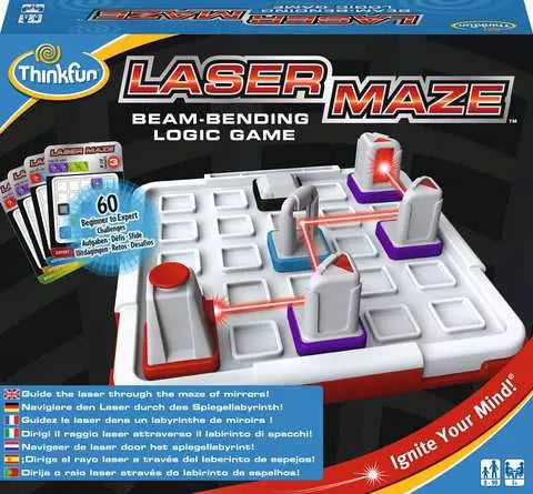 Thinkfun Laser Maze game packaging with maze and cards on a black background