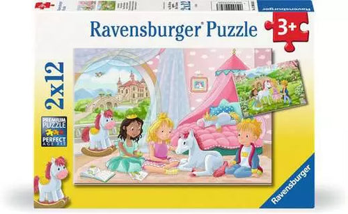 Ravensburger puzzle packaging with children and unicorns on a yellow background