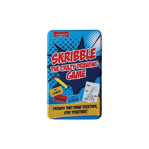 Skribble game box with blue and yellow design on a white background