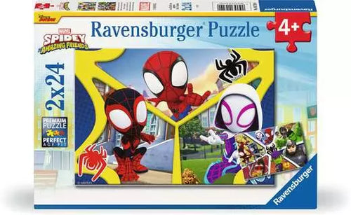 Ravensburger Spider-Man puzzle box with colorful graphics and character images.
