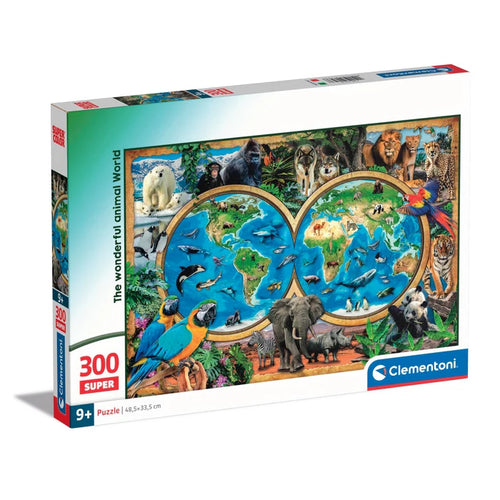 Clementoni puzzle box featuring a world map with animals on a white background