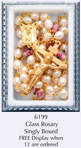 Glass pearl rosary bead with pink rose detail